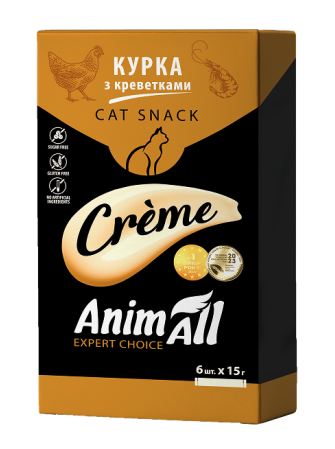 Ласощі AnimAll Сrème Chicken & Shrimp для котів зі смаком курки та креветок, 6×15 г
